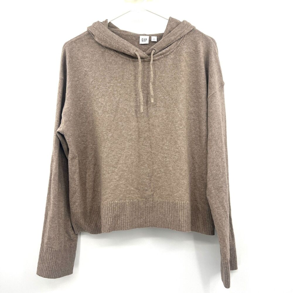 GAP Womens S Taupe Brown Hooded Sweater Knit Pullover Drawstring Cotton Blend